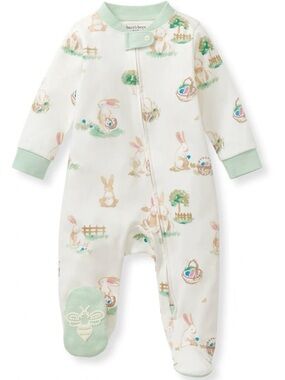 Burt's Bees Baby Cream Footed One-Piece with Mint Trim and Bunny Print
